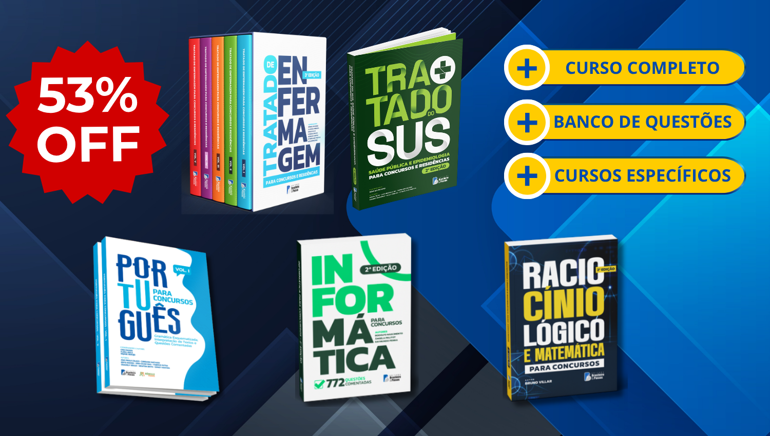 COMBO TOTAL: Curso Completo + Livros Tratado de Enfermagem, SUS (2ª edição), Português, Informática e Raciocínio Lógico