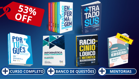 COMBO TOTAL: Livros Tratado de Enfermagem, SUS, Português, Informática, Raciocínio Lógico e Ebserh (Brinde) + Curso Completo